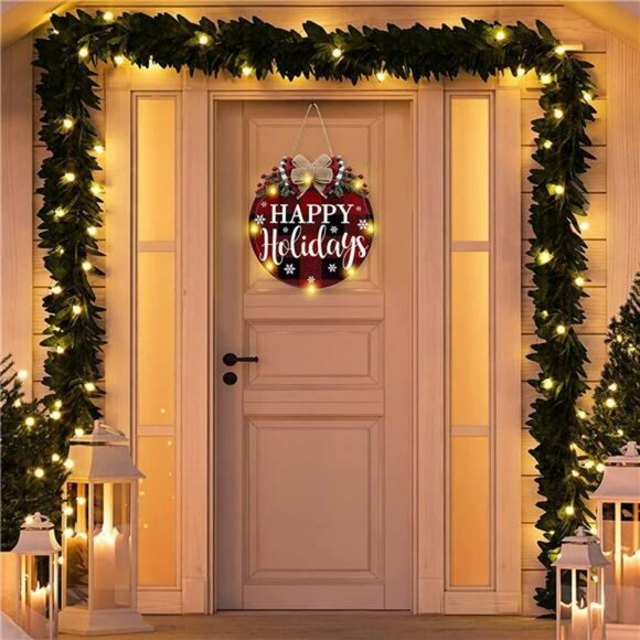 Happy Holiday Door Wreath Sign Christmas Decoration Buffalo Plaid 12 inches - Picture 4 of 7